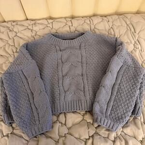 Sadie & Sage Blue Boxy Chenille Cableknit Cropped Sweater